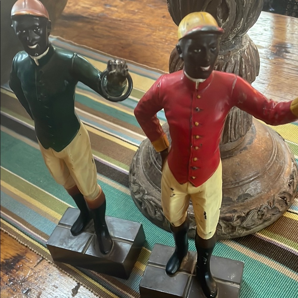 Vintage Cast Iron Pair of Jockey inspired Bookends in Red, Green and Cream